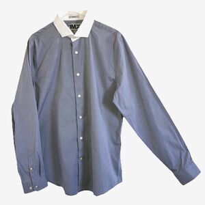 EXPRESS 1MX sz L Fitted Gray White Cotton Long Sleeve Shirt Contrast Collar Cuff